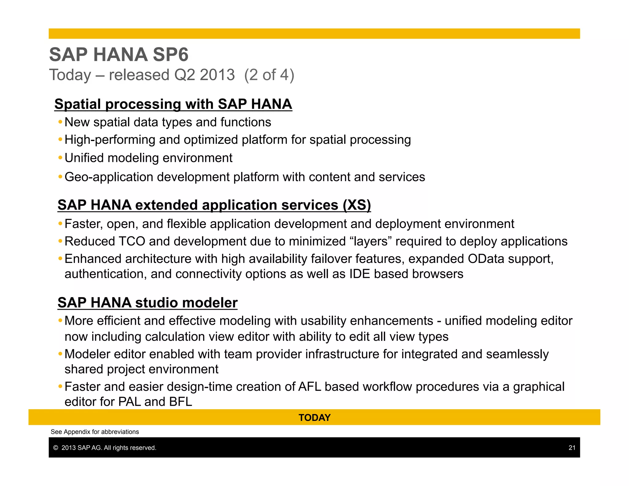 ©  2013 SAP AG. All rights reserved. 21
SAP HANA SP6
Today – released Q2 2013 (2 of 4)
TODAY
See Appendix for abbreviations
Spatial processing with SAP HANA
Ÿ New spatial data types and functions
Ÿ High-performing and optimized platform for spatial processing
Ÿ Unified modeling environment
Ÿ Geo-application development platform with content and services
SAP HANA extended application services (XS)
Ÿ Faster, open, and flexible application development and deployment environment
Ÿ Reduced TCO and development due to minimized “layers” required to deploy applications
Ÿ Enhanced architecture with high availability failover features, expanded OData support,
authentication, and connectivity options as well as IDE based browsers
SAP HANA studio modeler
Ÿ More efficient and effective modeling with usability enhancements - unified modeling editor
now including calculation view editor with ability to edit all view types
Ÿ Modeler editor enabled with team provider infrastructure for integrated and seamlessly
shared project environment
Ÿ Faster and easier design-time creation of AFL based workflow procedures via a graphical
editor for PAL and BFL
 