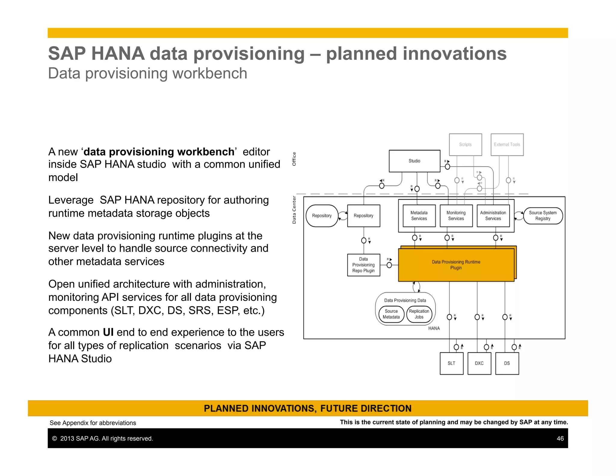 ©  2013 SAP AG. All rights reserved. 46
SAP HANA data provisioning – planned innovations
Data provisioning workbench
A new ‘data provisioning workbench’ editor
inside SAP HANA studio with a common unified
model
Leverage SAP HANA repository for authoring
runtime metadata storage objects
New data provisioning runtime plugins at the
server level to handle source connectivity and
other metadata services
Open unified architecture with administration,
monitoring API services for all data provisioning
components (SLT, DXC, DS, SRS, ESP, etc.)
A common UI end to end experience to the users
for all types of replication scenarios via SAP
HANA Studio
See Appendix for abbreviations This is the current state of planning and may be changed by SAP at any time.
 