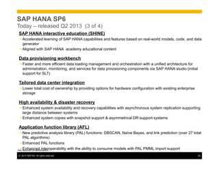 ©  2013 SAP AG. All rights reserved. 22
SAP HANA SP6
Today – released Q2 2013 (3 of 4)
SAP HANA interactive education (SHINE)
Ÿ Accelerated learning of SAP HANA capabilities and features based on real-world models, code, and data
generator
Ÿ Aligned with SAP HANA academy educational content
Data provisioning workbench
Ÿ Faster and more efficient data loading management and orchestration with a unified architecture for
administration, monitoring, and services for data provisioning components via SAP HANA studio (initial
support for SLT)
Tailored data center integration
Ÿ Lower total cost of ownership by providing options for hardware configuration with existing enterprise
storage
High availability & disaster recovery
Ÿ Enhanced system availability and recovery capabilities with asynchronous system replication supporting
large distance between systems
Ÿ Enhanced system copies with snapshot support & asymmetrical DR support systems
Application function library (AFL)
Ÿ New predictive analysis library (PAL) functions: DBSCAN, Naïve Bayes, and link prediction (over 27 total
PAL algorithms)
Ÿ Enhanced PAL functions
Ÿ Enhanced interoperability with the ability to consume models with PAL PMML import supportSee Appendix for abbreviations
 