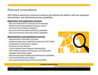 ©  2013 SAP AG. All rights reserved. 25
Planned innovations
PLANNED INNOVATIONS
SAP HANA is planning to continue to enhance and optimize the platform with new application,
administrative, and operational services capabilities
This is the current state of planning and may be changed by SAP at any time.See Appendix for abbreviations
Application and application services
Ÿ New and enhanced AFL functions and functionality
Ÿ Streamlined R interoperability landscape options
Ÿ Enhanced native Hadoop integration
Ÿ New and enhanced spatial processing capabilities
Ÿ New and enhanced smart data access capabilities
Administrative and operational services
Ÿ Next generation information composer
Ÿ Additional deployment capabilities & options for SAP HANA
Ÿ Virtualization & multi-tenancy support
Ÿ Enhanced security features
Ÿ Further Sybase Power Designer interoperability
Ÿ SAP HANA and Sybase IQ integration and optimization
Ÿ Intelligent data tiering support
Ÿ New and enhanced modeling and development capabilities
Ÿ Continued third-party tool support
Ÿ New and enhanced data provisioning capabilities
 