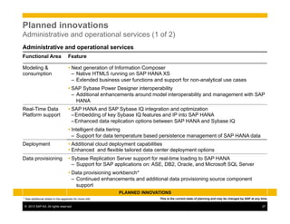 ©  2013 SAP AG. All rights reserved. 27
Planned innovations
Administrative and operational services (1 of 2)
PLANNED INNOVATIONS
This is the current state of planning and may be changed by SAP at any time.
Administrative and operational services
Functional Area Feature
Modeling &
consumption
Ÿ Next generation of Information Composer
–  Native HTML5 running on SAP HANA XS
–  Extended business user functions and support for non-analytical use cases
Ÿ SAP Sybase Power Designer interoperability
–  Additional enhancements around model interoperability and management with SAP
HANA
Real-Time Data
Platform support
Ÿ SAP HANA and SAP Sybase IQ integration and optimization
– Embedding of key Sybase IQ features and IP into SAP HANA
– Enhanced data replication options between SAP HANA and Sybase IQ
Ÿ Intelligent data tiering
–  Support for data temperature based persistence management of SAP HANA data
Deployment Ÿ Additional cloud deployment capabilities
Ÿ Enhanced and flexible tailored data center deployment options
Data provisioning Ÿ Sybase Replication Server support for real-time loading to SAP HANA
–  Support for SAP applications on: ASE, DB2, Oracle, and Microsoft SQL Server
Ÿ Data provisioning workbench*
–  Continued enhancements and additional data provisioning source component
support
* See additional slides in the appendix for more info
 
