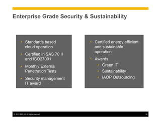 ©  2013 SAP AG. All rights reserved. 39
Enterprise Grade Security & Sustainability
•  Standards based
cloud operation
•  Certified in SAS 70 II
and ISO27001
•  Monthly External
Penetration Tests
•  Security management
IT award
•  Certified energy efficient
and sustainable
operation
•  Awards
•  Green IT
•  Sustainability
•  IAOP Outsourcing
 