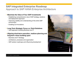 ©  2013 SAP AG. All rights reserved. 75
SAP Integrated Enterprise Roadmap
Approach to SAP HANA Enterprise Architecture
Ÿ  Maximize the Value of Your SAP Investments
–  Establishing comprehensive view of SAP strategy, solutions
and deployment approach
–  Improving visibility and understanding of the entire SAP
environment
–  Enabling Co-Innovations
Ÿ  Long Term Strategic Focus vs. Point Solutions
–  Joint approach including Business and IT
Ÿ  Aligning short-term execution, medium planning and
long-term vision building upon
–  Business and IT Strategy
–  architecture, processes and organization
–  SAP solution roadmaps and influencing development
 