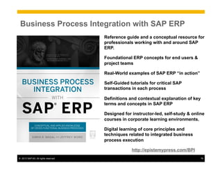 ©  2013 SAP AG. All rights reserved. 78
Business Process Integration with SAP ERP
Reference guide and a conceptual resource for
professionals working with and around SAP
ERP.
Foundational ERP concepts for end users &
project teams
Real-World examples of SAP ERP “in action”
Self-Guided tutorials for critical SAP
transactions in each process
Definitions and contextual explanation of key
terms and concepts in SAP ERP
Designed for instructor-led, self-study & online
courses in corporate learning environments.
Digital learning of core principles and
techniques related to integrated business
process execution
http://epistemypress.com/BPI
 