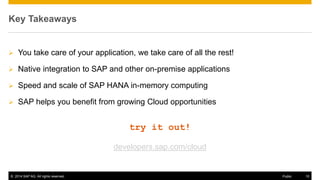 © 2014 SAP AG. All rights reserved. 10Public
Key Takeaways
 You take care of your application, we take care of all the rest!
 Native integration to SAP and other on-premise applications
 Speed and scale of SAP HANA in-memory computing
 SAP helps you benefit from growing Cloud opportunities
try it out!
developers.sap.com/cloud
 