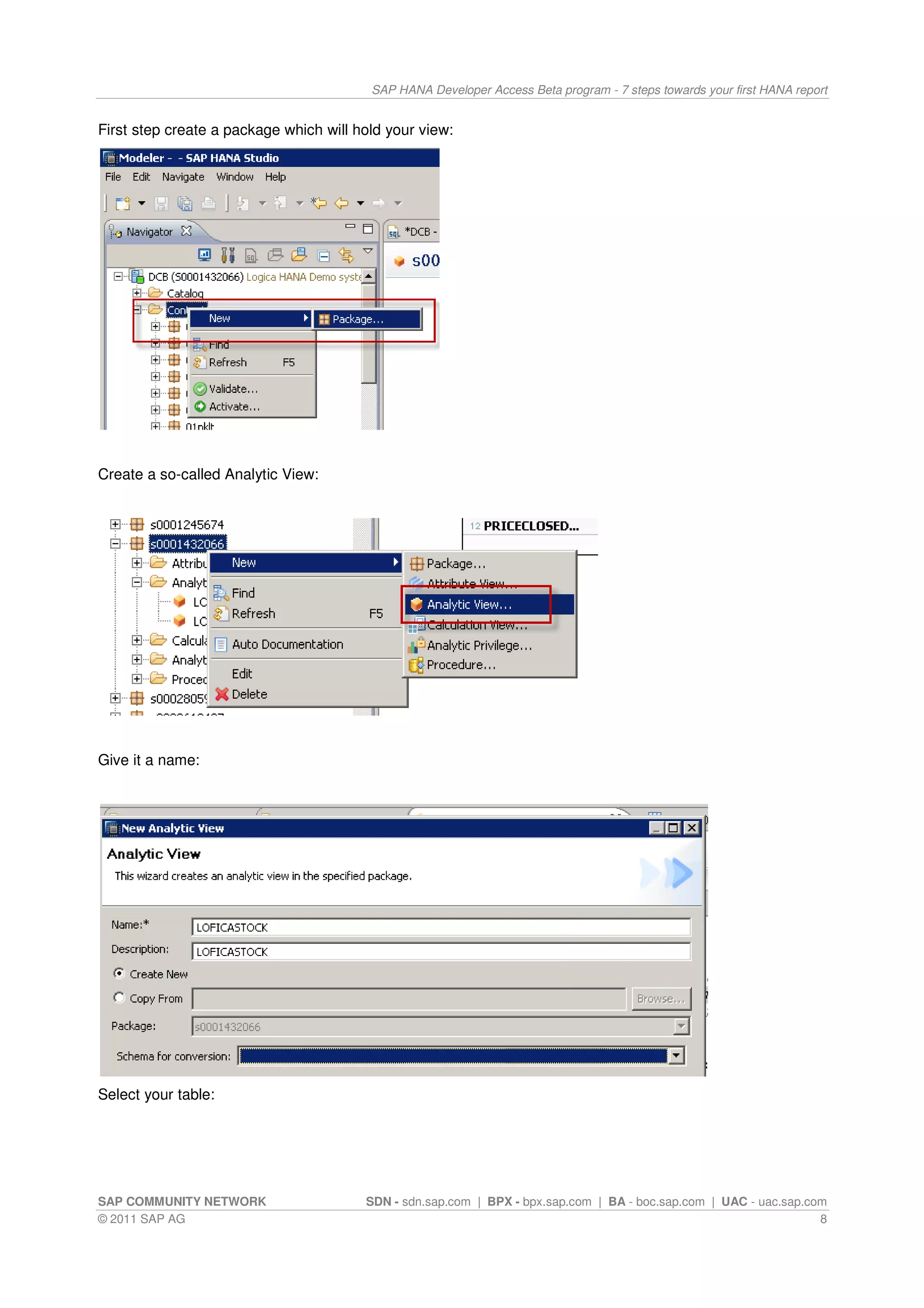 SAP HANA Developer Access Beta program - 7 steps towards your first HANA report


First step create a package which will hold your view:




Create a so-called Analytic View:




Give it a name:




Select your table:




SAP COMMUNITY NETWORK                   SDN - sdn.sap.com | BPX - bpx.sap.com | BA - boc.sap.com | UAC - uac.sap.com
© 2011 SAP AG                                                                                                      8
 