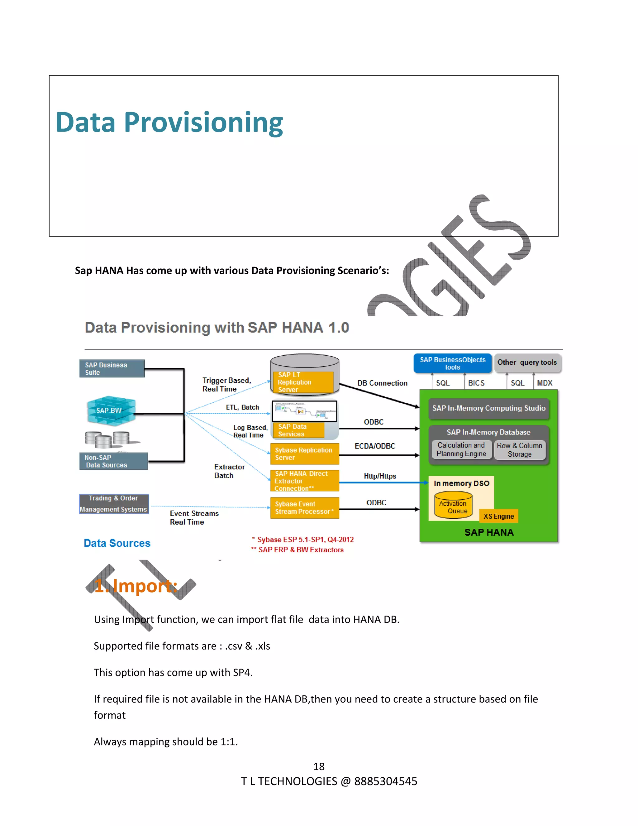  
18 
                                                                T L TECHNOLOGIES @ 8885304545 
 
Data Provisioning 
 
 
 
 
Sap HANA Has come up with various Data Provisioning Scenario’s: 
 
 
1.Import: 
Using Import function, we can import flat file  data into HANA DB. 
Supported file formats are : .csv & .xls 
This option has come up with SP4. 
If required file is not available in the HANA DB,then you need to create a structure based on file 
format 
Always mapping should be 1:1. 
 