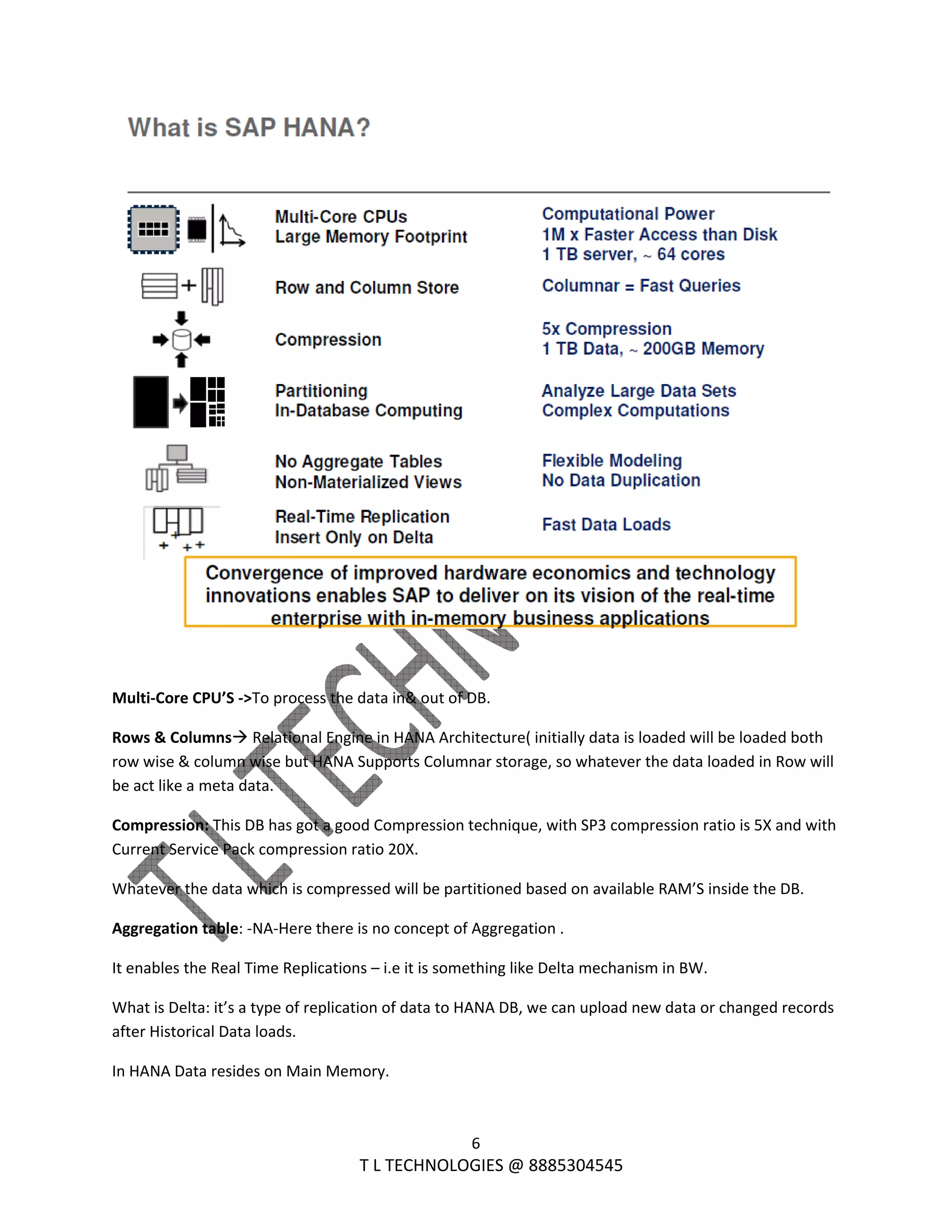  
6 
                                                                T L TECHNOLOGIES @ 8885304545 
 
 
Multi‐Core CPU’S ‐>To process the data in& out of DB. 
Rows & Columns  Relational Engine in HANA Architecture( initially data is loaded will be loaded both 
row wise & column wise but HANA Supports Columnar storage, so whatever the data loaded in Row will 
be act like a meta data. 
Compression: This DB has got a good Compression technique, with SP3 compression ratio is 5X and with 
Current Service Pack compression ratio 20X. 
Whatever the data which is compressed will be partitioned based on available RAM’S inside the DB. 
Aggregation table: ‐NA‐Here there is no concept of Aggregation . 
It enables the Real Time Replications – i.e it is something like Delta mechanism in BW. 
What is Delta: it’s a type of replication of data to HANA DB, we can upload new data or changed records 
after Historical Data loads. 
In HANA Data resides on Main Memory.  
 