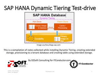 SAP HANA Dynamic Tiering Test-drive
This is a compilation of notes collected while installing Dynamic Tiering, creating extended
storage, provisioning to a tenant database and creating table using extended storage.
By OZSoft Consulting for ITConductor.com
Author: Terry Kempis
Editor: Linh Nguyen
ITConductor.com 1
Image courtesy blogs.sap.com
 