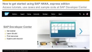 © 2016 SAP SE or an SAP affiliate company. All rights reserved. 10
How to get started using SAP HANA, express edition
Access tutorials, use cases and sample code at SAP Developer Center
SAP Developer Center
q Get started
q Learn & build
q Find resources
q Explore and discover
 