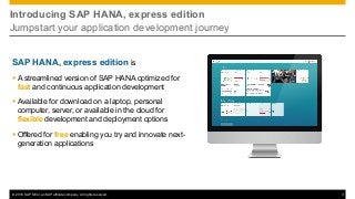 © 2016 SAP SE or an SAP affiliate company. All rights reserved. 3
Introducing SAP HANA, express edition
Jumpstart your application development journey
SAP HANA, express edition is
§ A streamlined version of SAP HANA optimized for
fast and continuous application development
§ Available for download on a laptop, personal
computer, server, or available in the cloud for
flexible development and deployment options
§ Offered for free enabling you try and innovate next-
generation applications
 