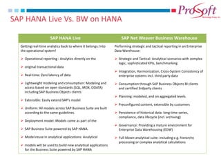 SAP HANA Live Vs. BW on HANA 
SAP HANA Live 
SAP Net Weaver Business Warehouse 
Getting real-time analytics back to where it belongs: Into the operational system! 
Operational reporting : Analytics directly on the 
original transactional data 
Real-time: Zero latency of data 
Lightweight modeling and consumption: Modeling and access based on open standards (SQL, MDX, ODATA) including SAP Business Objects clients 
Extensible: Easily extend SAP’s model 
Uniform: All models across SAP Business Suite are built according to the same guidelines. 
Deployment model: Models come as part of the 
SAP Business Suite powered by SAP HANA. 
Model reuse in analytical applications: Analytical 
models will be used to build new analytical applications for the Business Suite powered by SAP HANA 
Performing strategic and tactical reporting in an Enterprise Data Warehouse: 
Strategic and Tactical: Analytical scenarios with complex logic, sophisticated KPIs, benchmarking 
Integration, Harmonization, Cross-System Consistency of enterprise systems incl. third party data 
Consumption through SAP Business Objects BI clients and certified 3rdparty clients 
Planning: modeled, and on aggregated levels. 
Preconfigured content, extensible by customers 
Persistence of historical data: long time-series, compliance, data lifecycle (incl. archiving) 
Governance: Providing a mature environment for Enterprise Data Warehousing (EDW) 
Full-blown analytical suite: including e.g. hierarchy processing or complex analytical calculations 