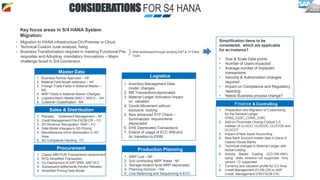 Key focus areas in S/4 HANA System
Migration:
• Migration to HANA infrastructure On-Premise or Cloud
• Technical Custom code analysis, fixing
• Business Transformation required in meeting Functional Pre-
requisites and Adopting mandatory Innovations – Major
challenge faced in S/4 Conversion
1. Classic MM-PUR Transactions replacement
2. RFQ Simplified Transaction
3. Co-Deployment of SAP SRM, SAP SLC
4. Subsequent settlements Vendor Rebates
5. Simplified Pricing Data Model
Well addressed through existing SAP & 3rd Party
Tools
1. Rebates Settlement Management – NF
2. Credit Management FIN-FSCM-CR – FC
3. SD Revenue Recognition RAR – FC
4. Data Model changes in SD Pricing
5. Miscellaneous minor deprecation in SD
Area
6. SD Complaints Handing - FC
1. Inventory Management Data
model changes
2. MB Transactions deprecated
3. Material Ledger Activation Impact
on valuation
4. Goods Movement without
exclusive locking
5. New advanced ATP Check –
Summarized requirements
deprecated
6. EHS Deprecated Transactions
7. Extend of usage of ECC WM and
its transition to EWM
1. MRP Live – NF
2. Sub contracting MRP Areas - NF
3. Storage location level MRP deprecated
4. Planning Horizon – NA
5. Line Balancing and Sequencing in ECC
Simplification items to be
considered, which are applicable
for an instance?
• Size & Scale Data points
• Number of Users impacted
• Average number of impacted
transactions
• Security & Authorization changes
required
• Impact on Compliance and Regulatory
reporting
• Needs Business process change?
1. Preparation and Migration of Customizing
for the General Ledger
(FINS_CUST_CONS_CHK)
2. Add-on Financials Closing Cockpit 2.0
instead of CLOCO, CLOCOC, CLOCOS and
CLOCOT
3. Impact of New Asset Accounting
4. New Bank Account master data in place of
Classic House Banks
5. Technical changes in Material Ledger with
Actual costing
6. Activity Based Costing (CO-OM-ABC)
using delta versions not supported. Only
version ‘O’ supported
7. Currency and valuation profile for CO Area
8. Credit Management (FI-AR,CR) to SAP
Credit Management (FIN-FSCM-CR)
Sales & Distribution
Logistics
Production Planning
Procurement
Finance & Controlling
CONSIDERATIONS FOR S4 HANA
1. Business Partner Approach – NF
2. Material Field length extension – NF
3. Foreign Trade Fields in Material Master –
NA
4. MRP Fields in Material Master-Changed
5. Logistics Batch Master MSC1, MSC2 – NA
6. Customer Classification - NA
Master Data
 
