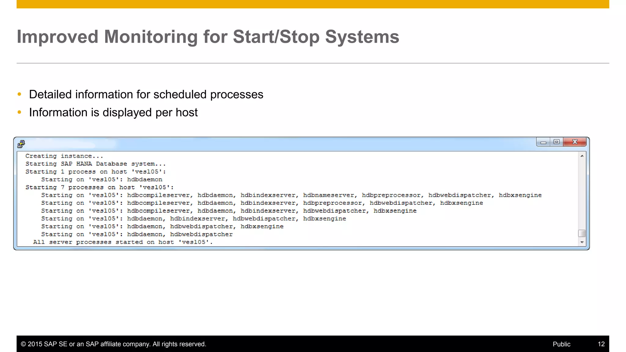 © 2015 SAP SE or an SAP affiliate company. All rights reserved. 12Public
Improved Monitoring for Start/Stop Systems
 Detailed information for scheduled processes
 Information is displayed per host
 