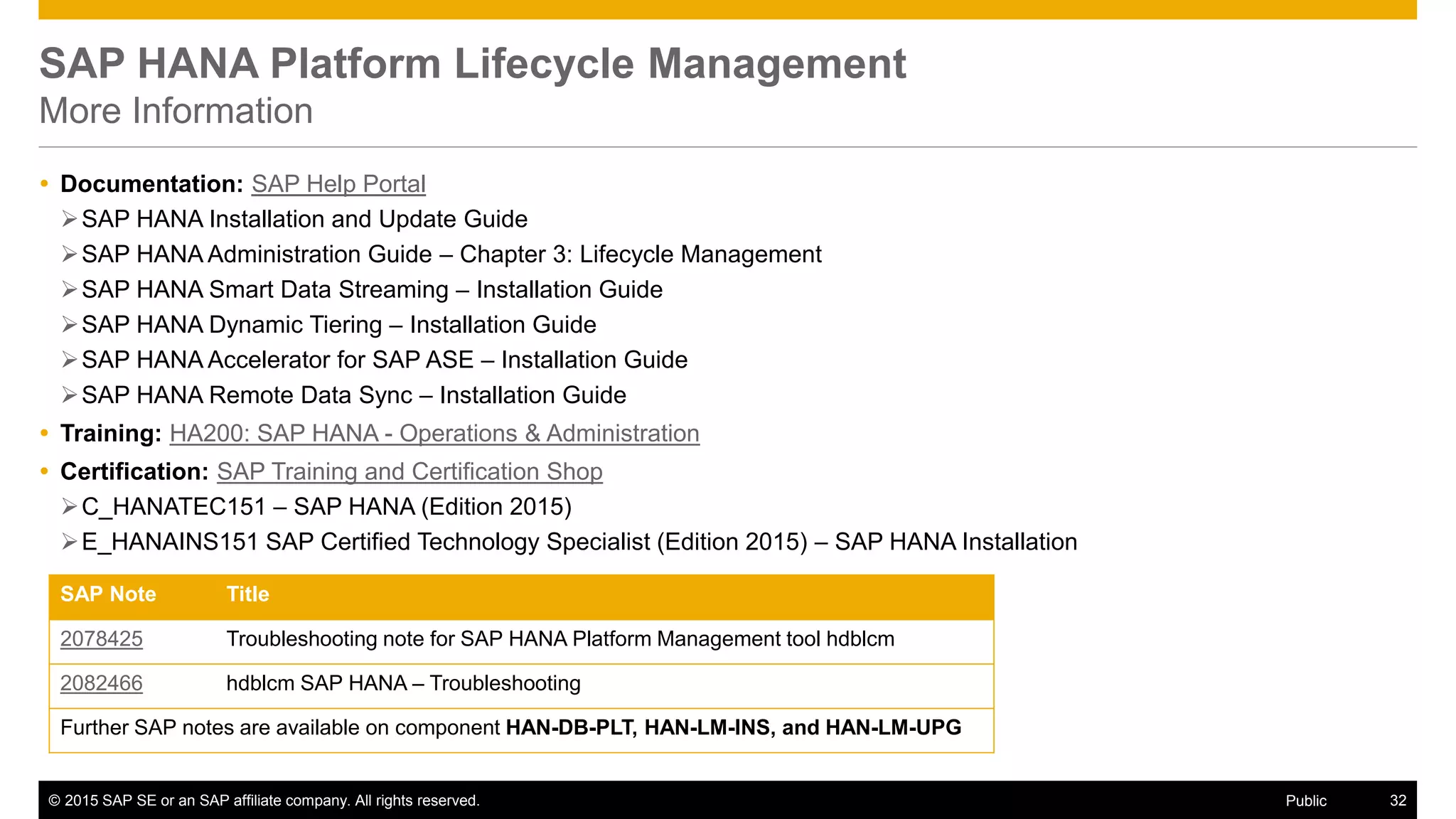 © 2015 SAP SE or an SAP affiliate company. All rights reserved. 32Public
SAP HANA Platform Lifecycle Management
More Information
 Documentation: SAP Help Portal
SAP HANA Installation and Update Guide
SAP HANA Administration Guide – Chapter 3: Lifecycle Management
SAP HANA Smart Data Streaming – Installation Guide
SAP HANA Dynamic Tiering – Installation Guide
SAP HANA Accelerator for SAP ASE – Installation Guide
SAP HANA Remote Data Sync – Installation Guide
 Training: HA200: SAP HANA - Operations & Administration
 Certification: SAP Training and Certification Shop
C_HANATEC151 – SAP HANA (Edition 2015)
E_HANAINS151 SAP Certified Technology Specialist (Edition 2015) – SAP HANA Installation
SAP Note Title
2078425 Troubleshooting note for SAP HANA Platform Management tool hdblcm
2082466 hdblcm SAP HANA – Troubleshooting
Further SAP notes are available on component HAN-DB-PLT, HAN-LM-INS, and HAN-LM-UPG
 