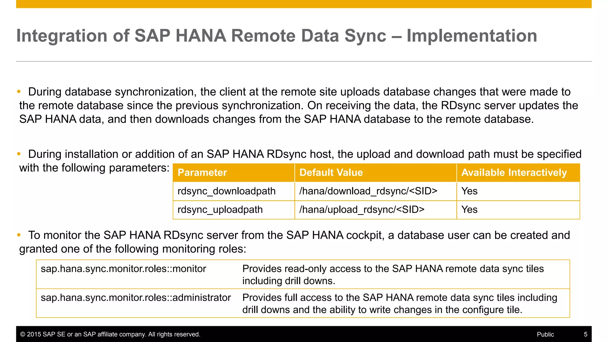 © 2015 SAP SE or an SAP affiliate company. All rights reserved. 5Public
Integration of SAP HANA Remote Data Sync – Implementation
 During database synchronization, the client at the remote site uploads database changes that were made to
the remote database since the previous synchronization. On receiving the data, the RDsync server updates the
SAP HANA data, and then downloads changes from the SAP HANA database to the remote database.
 During installation or addition of an SAP HANA RDsync host, the upload and download path must be specified
with the following parameters:
 To monitor the SAP HANA RDsync server from the SAP HANA cockpit, a database user can be created and
granted one of the following monitoring roles:
sap.hana.sync.monitor.roles::monitor Provides read-only access to the SAP HANA remote data sync tiles
including drill downs.
sap.hana.sync.monitor.roles::administrator Provides full access to the SAP HANA remote data sync tiles including
drill downs and the ability to write changes in the configure tile.
Parameter Default Value Available Interactively
rdsync_downloadpath /hana/download_rdsync/<SID> Yes
rdsync_uploadpath /hana/upload_rdsync/<SID> Yes
 