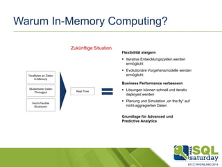 Warum In-Memory Computing?
TeraBytes an Daten
In-Memory
Skalierbarer Daten
Througput Real Time
Hoch-Flexible
Strukturen
Business Performance verbessern
 Lösungen können schnell und iterativ
deployed werden
 Planung und Simulation „on the fly“ auf
nicht-aggregierten Daten
Grundlage für Advanced und
Predictive Analytics
Flexibilität steigern
 Iterative Entwicklungszyklen werden
ermöglicht
 Evolutionäre Vorgehensmodelle werden
ermöglicht
Zukünftige Situation
 