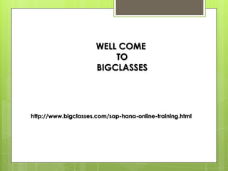 WELL COME
                          TO
                      BIGCLASSES




http://www.bigclasses.com/sap-hana-online-training.html
 