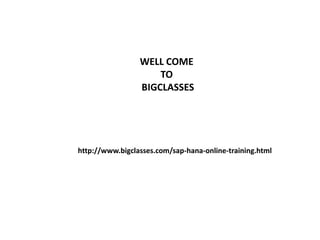 WELL COME
                     TO
                 BIGCLASSES




http://www.bigclasses.com/sap-hana-online-training.html
 