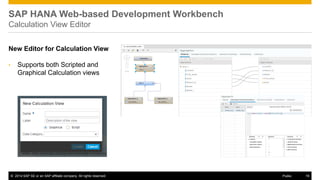 ©2014 SAP SE or an SAP affiliate company. All rights reserved. 
19 
Public 
SAP HANA Web-based Development Workbench Calculation View Editor 
New Editor for Calculation View 
•Supports both Scripted and Graphical Calculation views  
