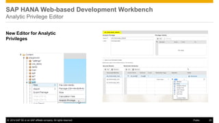 ©2014 SAP SE or an SAP affiliate company. All rights reserved. 
20 
Public 
SAP HANA Web-based Development Workbench Analytic Privilege Editor 
New Editor for Analytic Privileges  
