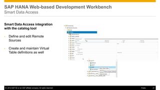 ©2014 SAP SE or an SAP affiliate company. All rights reserved. 
21 
Public 
SAP HANA Web-based Development Workbench Smart Data Access 
Smart Data Access integration with the catalog tool 
•Define and edit Remote Sources 
•Create and maintain Virtual Table definitions as well  