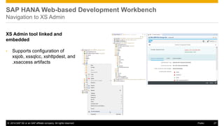 ©2014 SAP SE or an SAP affiliate company. All rights reserved. 
27 
Public 
SAP HANA Web-based Development Workbench Navigation to XS Admin 
XS Admin tool linked and embedded 
•Supports configuration of xsjob, xssqlcc, xshttpdest, and .xsaccess artifacts 
 
