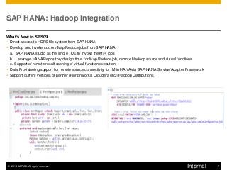 ©2014 SAP AG. All rights reserved. 
7 
Internal 
SAP HANA: Hadoop Integration 
What’s New in SPS09 
Direct access to HDFS file system from SAP HANA 
Develop and invoke custom Map Reduce jobs from SAP HANA 
a. SAP HANA studio as the single IDE to invoke the M/R jobs 
b. Leverage HANA Repository design time for Map Reduce job, remote Hadoop source and virtual functions 
c. Support of remote result caching of virtual function execution 
Data Provisioning support for remote source connectivity for IM in HANA via SAP HANA Service/Adapter Framework 
Support current versions of partner (Hortonworks, Cloudera etc.) Hadoop Distributions 
 