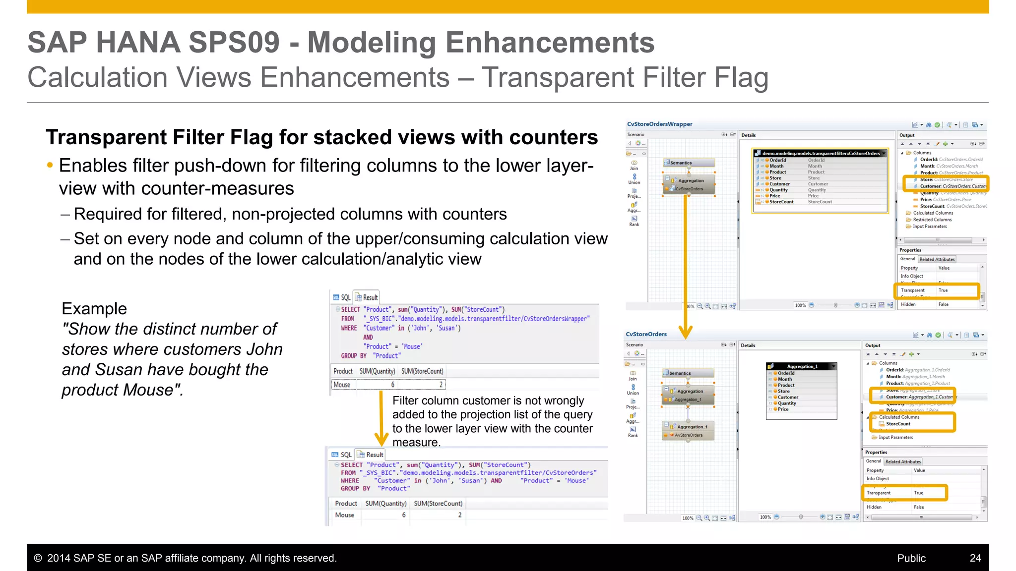 ©2014 SAP SE or an SAP affiliate company. All rights reserved. 
24 
Public 
SAP HANA SPS09 - Modeling Enhancements Calculation Views Enhancements – Transparent Filter Flag 
Transparent Filter Flag for stacked views with counters 
Enables filter push-down for filtering columns to the lower layer- view with counter-measures 
–Required for filtered, non-projected columns with counters 
–Set on every node and column of the upper/consuming calculation view and on the nodes of the lower calculation/analytic view 
Filter column customer is not wrongly added to the projection list of the query to the lower layer view with the counter measure. 
Example 
"Show the distinct number of stores where customers John and Susan have bought the product Mouse". 
 