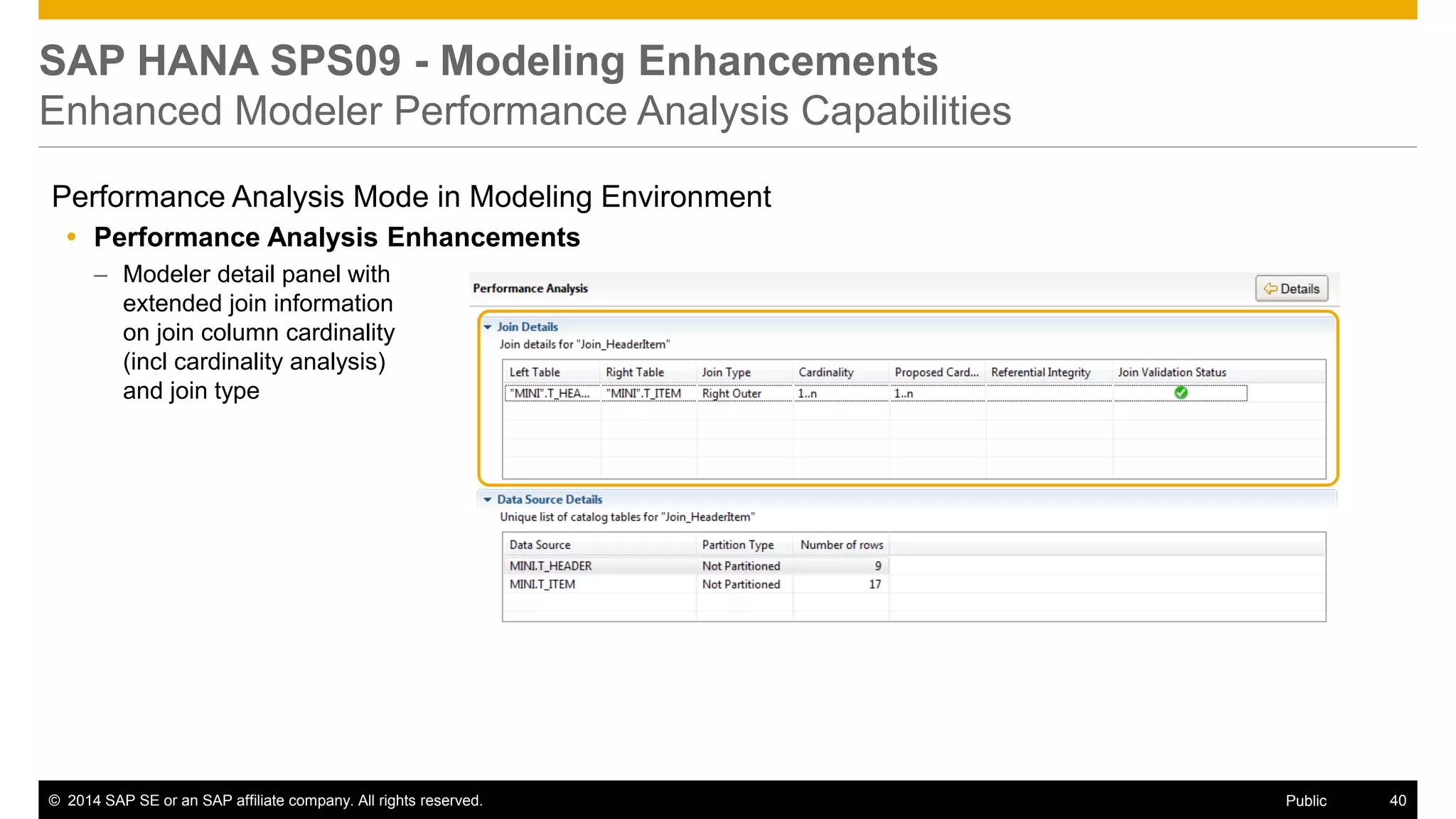 ©2014 SAP SE or an SAP affiliate company. All rights reserved. 
40 
Public 
SAP HANA SPS09 - Modeling Enhancements Enhanced Modeler Performance Analysis Capabilities 
Performance Analysis Mode in Modeling Environment 
Performance Analysis Enhancements 
–Modeler detail panel with extended join information on join column cardinality (incl cardinality analysis) and join type 
 