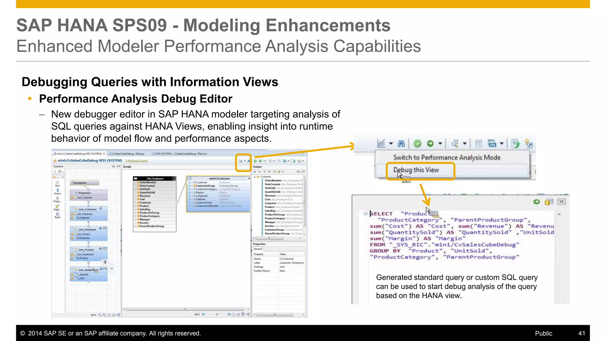 ©2014 SAP SE or an SAP affiliate company. All rights reserved. 
41 
Public 
SAP HANA SPS09 - Modeling Enhancements Enhanced Modeler Performance Analysis Capabilities 
Debugging Queries with Information Views 
Performance Analysis Debug Editor 
–New debugger editor in SAP HANA modeler targeting analysis of SQL queries against HANA Views, enabling insight into runtime behavior of model flow and performance aspects. 
Generated standard query or custom SQL query can be used to start debug analysis of the query based on the HANA view.  