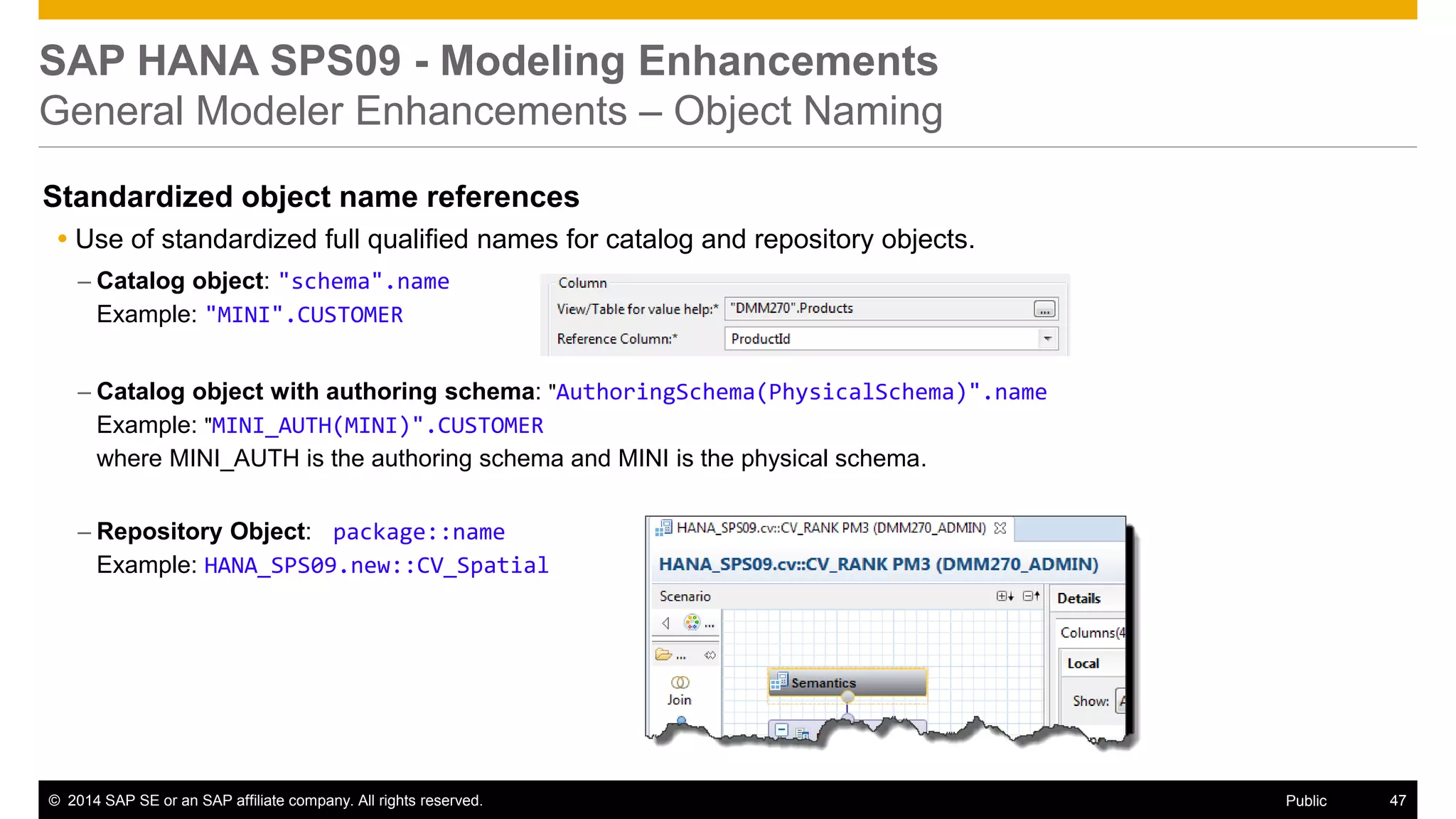 ©2014 SAP SE or an SAP affiliate company. All rights reserved. 
47 
Public 
SAP HANA SPS09 - Modeling Enhancements General Modeler Enhancements – Object Naming 
Standardized object name references 
Use of standardized full qualified names for catalog and repository objects. 
–Catalog object: "schema".name Example: "MINI".CUSTOMER 
–Catalog object with authoring schema: "AuthoringSchema(PhysicalSchema)".name Example: "MINI_AUTH(MINI)".CUSTOMER where MINI_AUTH is the authoring schema and MINI is the physical schema. 
–Repository Object: package::name Example: HANA_SPS09.new::CV_Spatial 
 