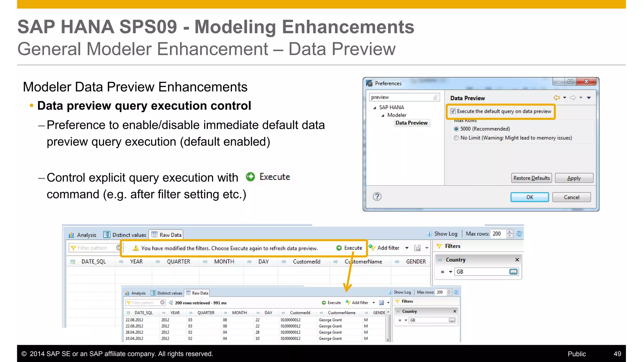©2014 SAP SE or an SAP affiliate company. All rights reserved. 
49 
Public 
SAP HANA SPS09 - Modeling Enhancements General Modeler Enhancement – Data Preview 
Modeler Data Preview Enhancements 
Data preview query execution control 
–Preference to enable/disable immediate default data preview query execution (default enabled) 
–Control explicit query execution with “Execute” command (e.g. after filter setting etc.) 
 