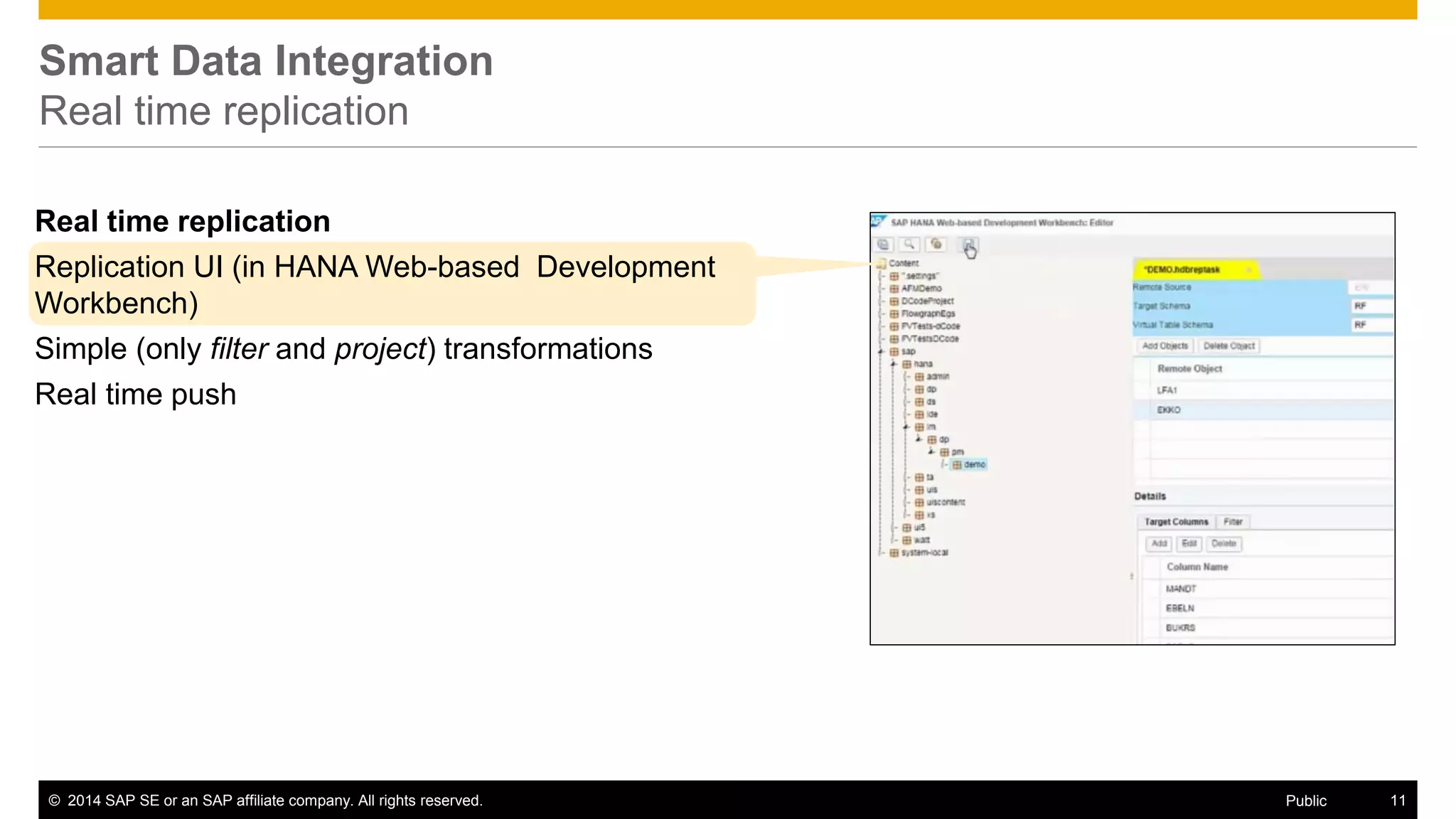 © 2014 SAP SE or an SAP affiliate company. All rights reserved. 11Public
Built-in batch adapters for common sources
OData adapter
Adapter for oData services
Generally accessible from the cloud (e.g., Success Factors)
Hive adapter
Adapter for Hadoop
 