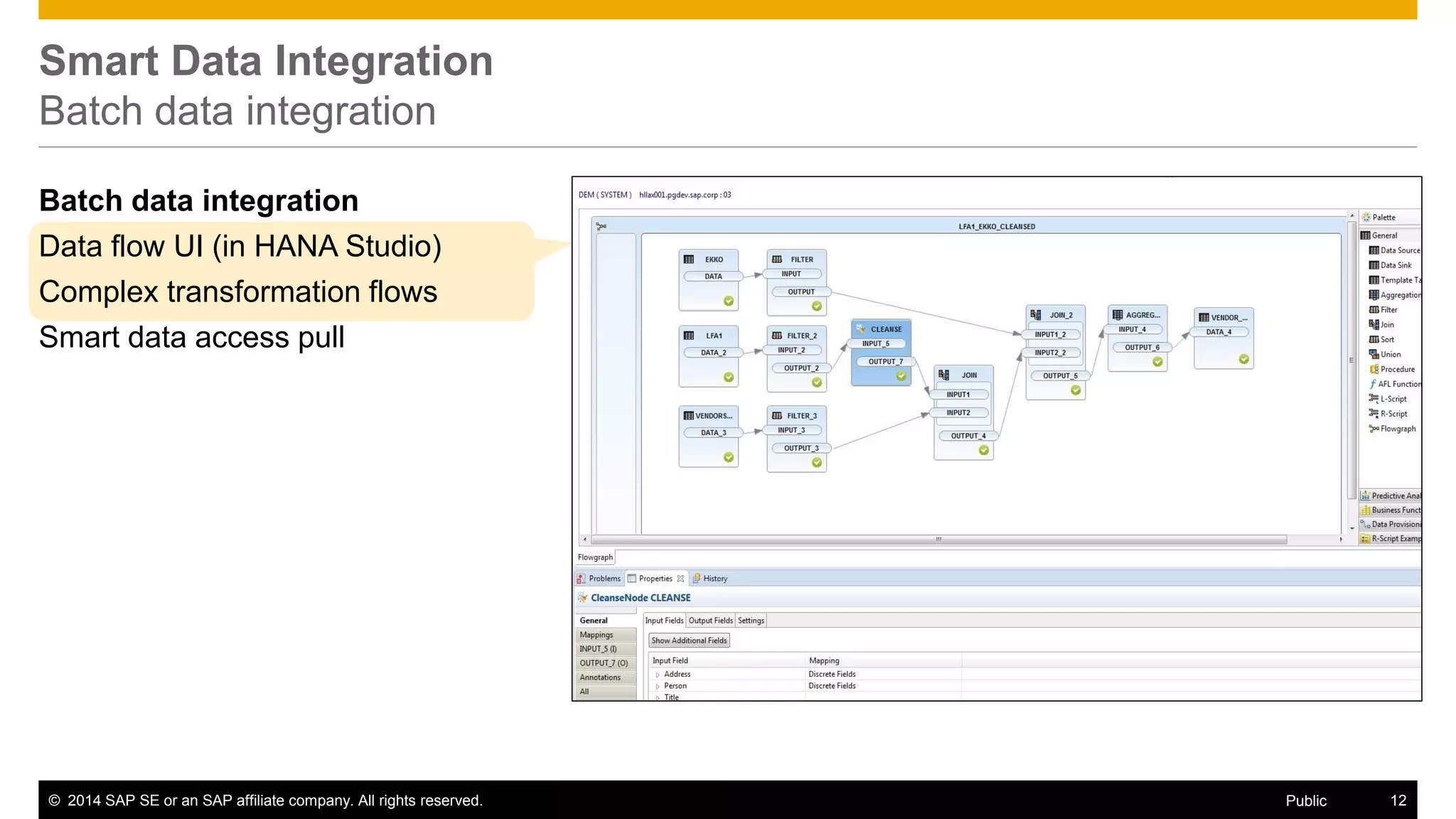 © 2014 SAP SE or an SAP affiliate company. All rights reserved. 12Public
Adapter functions
Open / Close
Browse metadata
Import metadata
Get remote source
description
Get capabilities
Read data
Manage real time push
(CDC capable adapters)
Open or close a connection to a remote source
Show the remote source objects (tables / views)
Add remote source objects as HANA virtual table
Allow user inputs for connection
Describe real time / batch (push down) and other capabilities
Read data from a remote source table or view
Specify subscription details, start/stop replication, etc.
 