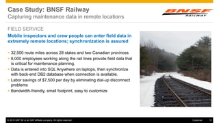 © 2015 SAP SE or an SAP affiliate company. All rights reserved. 13Customer
Case Study: BNSF Railway
Capturing maintenance data in remote locations
Mobile inspectors and crew people can enter field data in
extremely remote locations; synchronization is assured
 32,500 route miles across 28 states and two Canadian provinces
 8,000 employees working along the rail lines provide field data that
is critical for maintenance planning.
 Data is entered into SQL Anywhere on laptops, then synchronize
with back-end DB2 database when connection is available.
 Labor savings of $7,500 per day by eliminating dial-up disconnect
problems
 Bandwidth-friendly, small footprint, easy to customize
FIELD SERVICE
 