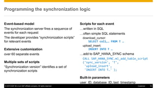 © 2015 SAP SE or an SAP affiliate company. All rights reserved. 16Customer
Programming the synchronization logic
Event-based model
The synchronization server fires a sequence of
events for each request
The developer provides “synchronization scripts”
for relevant events
Extensive customization
over 60 separate events
Multiple sets of scripts
“Synchronization version” identifies a set of
synchronization scripts
Scripts for each event
…written in SQL
…often simple SQL statements
download_cursor:
SELECT col1,… FROM T …
upload_insert:
INSERT INTO T …
…add to SAP_HANA_SYNC schema
CALL SAP_HANA_SYNC.ml_add_table_script
('sync_version', 'T',
'upload_insert',
'INSERT INTO T…' );
Built-in parameters
user_ID, database_ID, last_timestamp
 