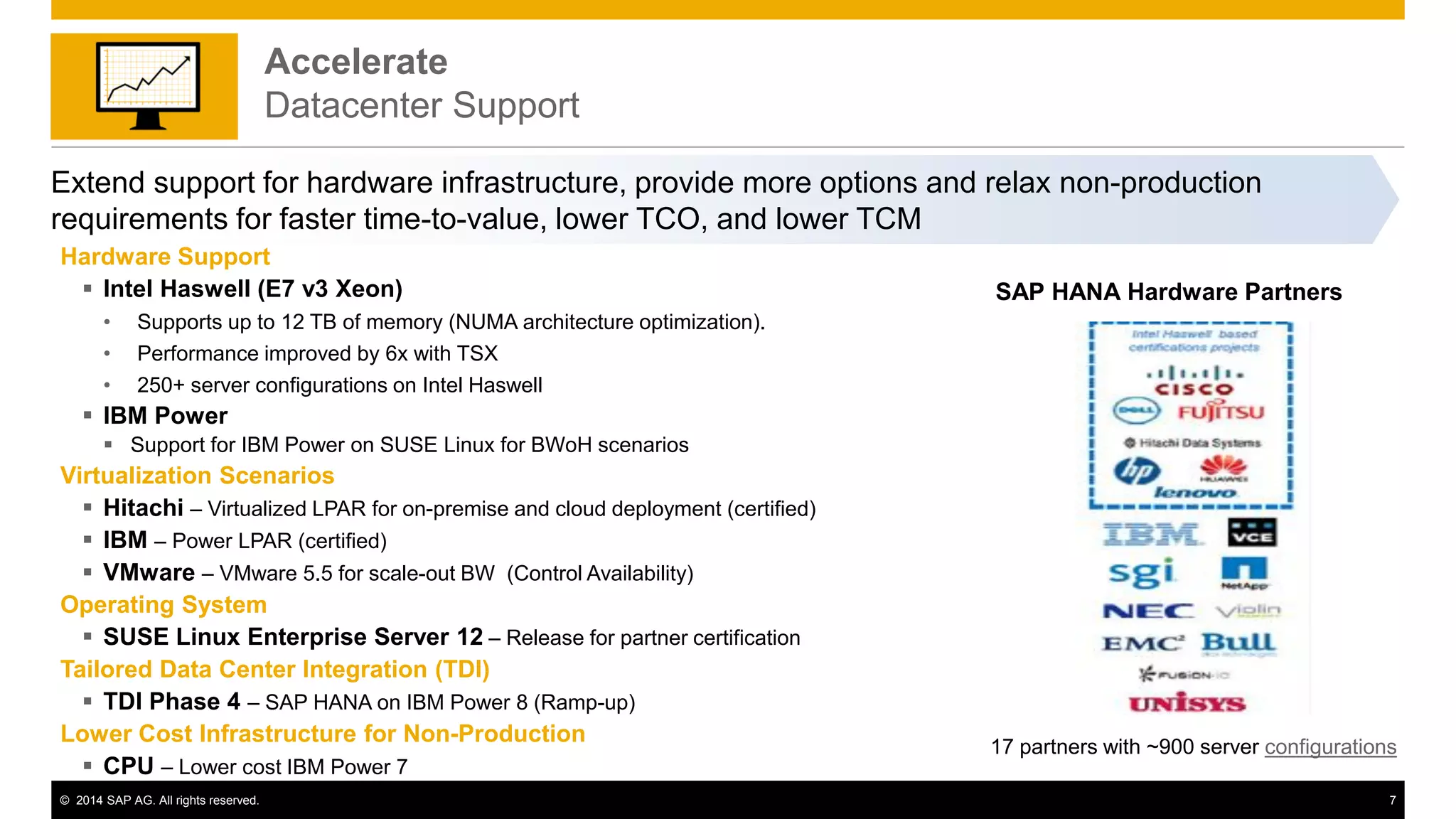 © 2014 SAP AG. All rights reserved. 7
Extend support for hardware infrastructure, provide more options and relax non-production
requirements for faster time-to-value, lower TCO, and lower TCM
Hardware Support
 Intel Haswell (E7 v3 Xeon)
• Supports up to 12 TB of memory (NUMA architecture optimization).
• Performance improved by 6x with TSX
• 250+ server configurations on Intel Haswell
 IBM Power
 Support for IBM Power on SUSE Linux for BWoH scenarios
Virtualization Scenarios
 Hitachi – Virtualized LPAR for on-premise and cloud deployment (certified)
 IBM – Power LPAR (certified)
 VMware – VMware 5.5 for scale-out BW (Control Availability)
Operating System
 SUSE Linux Enterprise Server 12 – Release for partner certification
Tailored Data Center Integration (TDI)
 TDI Phase 4 – SAP HANA on IBM Power 8 (Ramp-up)
Lower Cost Infrastructure for Non-Production
 CPU – Lower cost IBM Power 7
Accelerate
Datacenter Support
17 partners with ~900 server configurations
SAP HANA Hardware Partners
 