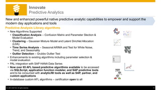 © 2014 SAP AG. All rights reserved. 17
Innovate
Predictive Analytics
New and enhanced powerful native predictive analytic capabilities to empower and support the
modern day applications and tools
Predictive Analysis Library algorithms
 New Algorithms Supported
 Classification Analysis – Confusion Matrix and Parameter Slection &
Model Evaluation
 Clustering – Gaussian Mixture Model and Latent Dirichlet Allocation
(LDA)
 Time Series Analysis – Seasonal ARIMA and Test for White Noise,
Trend, and Seasonality
 Outlier Detection – Grubbs Outlier Test
 Enhancements to existing algorithms including parameter selection &
model evaluation
 PAL integration with SAP HANA Data Series
 Now over 65 AFL based predictive algorithms available to be accessed
via SQLScript, application function modeler, and SAP predictive tools
and to be consumed with analytic/BI tools as well as SAP, partner, and
custom applications
 In-database custom AFL algorithms – certification open to all
 