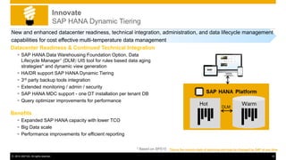 © 2014 SAP AG. All rights reserved. 18
Innovate
SAP HANA Dynamic Tiering
Datacenter Readiness & Continued Technical Integration
 SAP HANA Data Warehousing Foundation Option, Data
Lifecycle Manager* (DLM) UI5 tool for rules based data aging
strategies* and dynamic view generation
 HA/DR support SAP HANA Dynamic Tiering
 3rd party backup tools integration
 Extended monitoring / admin / security
 SAP HANA MDC support - one DT installation per tenant DB
 Query optimizer improvements for performance
Benefits
 Expanded SAP HANA capacity with lower TCO
 Big Data scale
 Performance improvements for efficient reporting
New and enhanced datacenter readiness, technical integration, administration, and data lifecycle management
capabilities for cost effective multi-temperature data management
This is the current state of planning and may be changed by SAP at any time.* Based on SPS10
 