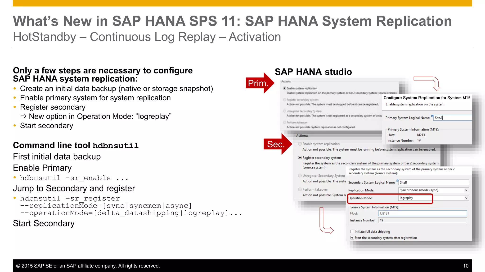 © 2015 SAP SE or an SAP affiliate company. All rights reserved. 10Confidential
What’s New in SAP HANA SPS 11: SAP HANA System Replication
HotStandby – Continuous Log Replay – Activation
Only a few steps are necessary to configure
SAP HANA system replication:
 Create an initial data backup (native or storage snapshot)
 Enable primary system for system replication
 Register secondary
 New option in Operation Mode: “logreplay”
 Start secondary
Command line tool hdbnsutil
First initial data backup
Enable Primary
 hdbnsutil -sr_enable ...
Jump to Secondary and register
 hdbnsutil –sr_register
–-replicationMode=[sync|syncmem|async]
--operationMode=[delta_datashipping|logreplay]...
Start Secondary
SAP HANA studio
Prim.
Sec.
 