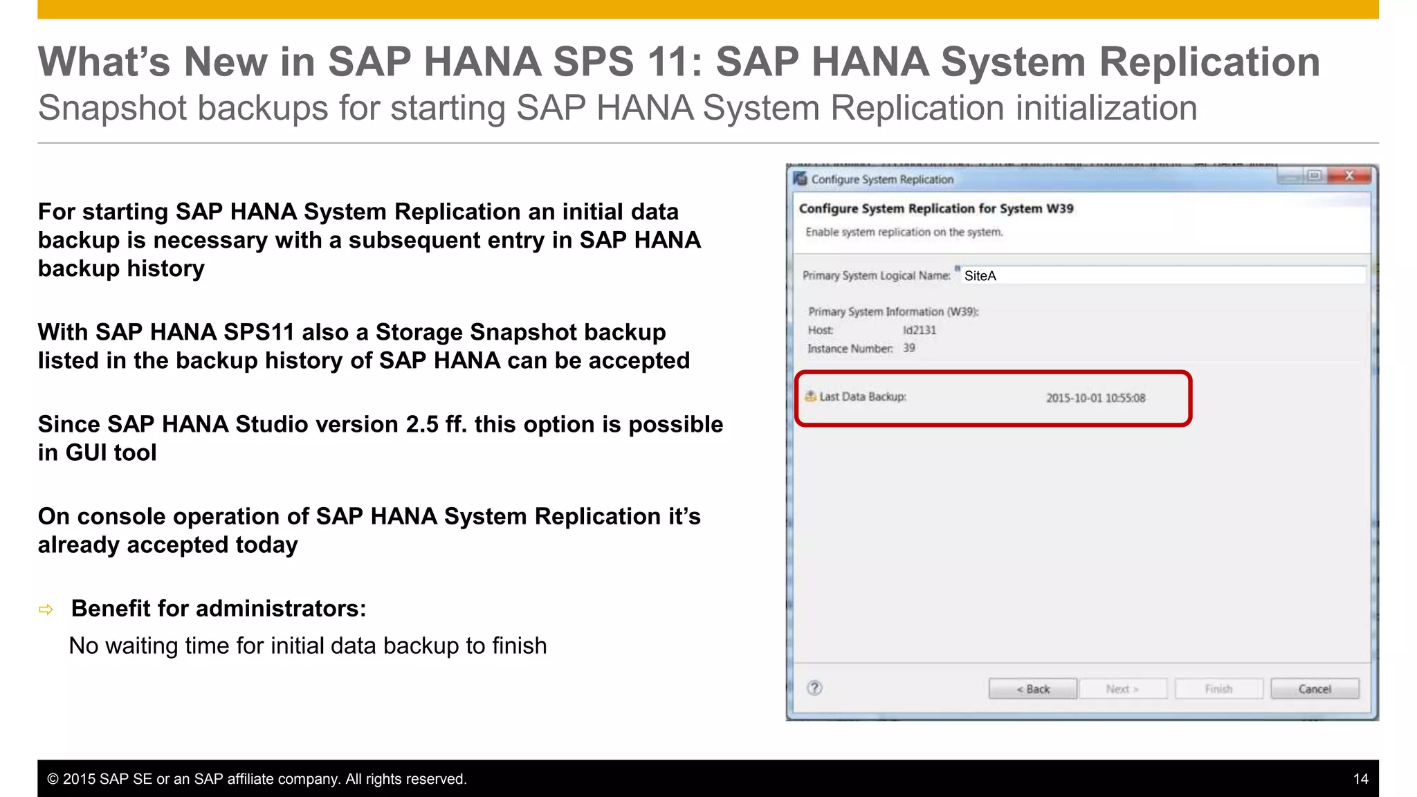 © 2015 SAP SE or an SAP affiliate company. All rights reserved. 14Confidential
What’s New in SAP HANA SPS 11: SAP HANA System Replication
Snapshot backups for starting SAP HANA System Replication initialization
For starting SAP HANA System Replication an initial data
backup is necessary with a subsequent entry in SAP HANA
backup history
With SAP HANA SPS11 also a Storage Snapshot backup
listed in the backup history of SAP HANA can be accepted
Since SAP HANA Studio version 2.5 ff. this option is possible
in GUI tool
On console operation of SAP HANA System Replication it’s
already accepted today
 Benefit for administrators:
No waiting time for initial data backup to finish
SiteA
 