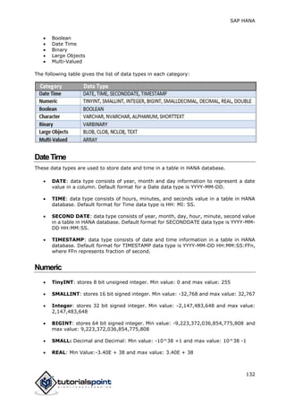 SAP HANA
132
 Boolean
 Date Time
 Binary
 Large Objects
 Multi-Valued
The following table gives the list of data types in each category:
DateTime
These data types are used to store date and time in a table in HANA database.
 DATE: data type consists of year, month and day information to represent a date
value in a column. Default format for a Date data type is YYYY-MM-DD.
 TIME: data type consists of hours, minutes, and seconds value in a table in HANA
database. Default format for Time data type is HH: MI: SS.
 SECOND DATE: data type consists of year, month, day, hour, minute, second value
in a table in HANA database. Default format for SECONDDATE data type is YYYY-MM-
DD HH:MM:SS.
 TIMESTAMP: data type consists of date and time information in a table in HANA
database. Default format for TIMESTAMP data type is YYYY-MM-DD HH:MM:SS:FFn,
where FFn represents fraction of second.
Numeric
 TinyINT: stores 8 bit unsigned integer. Min value: 0 and max value: 255
 SMALLINT: stores 16 bit signed integer. Min value: -32,768 and max value: 32,767
 Integer: stores 32 bit signed integer. Min value: -2,147,483,648 and max value:
2,147,483,648
 BIGINT: stores 64 bit signed integer. Min value: -9,223,372,036,854,775,808 and
max value: 9,223,372,036,854,775,808
 SMALL: Decimal and Decimal: Min value: -10^38 +1 and max value: 10^38 -1
 REAL: Min Value:-3.40E + 38 and max value: 3.40E + 38
 
