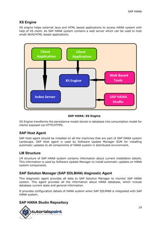 SAP HANA
19
XS Engine
XS engine helps external Java and HTML based applications to access HANA system with
help of XS client. As SAP HANA system contains a web server which can be used to host
small JAVA/HTML based applications.
SAP HANA: XS Engine
XS Engine transforms the persistence model stored in database into consumption model for
clients exposed via HTTP/HTTPS.
SAP Host Agent
SAP Host agent should be installed on all the machines that are part of SAP HANA system
Landscape. SAP Host agent is used by Software Update Manager SUM for installing
automatic updates to all components of HANA system in distributed environment.
LM Structure
LM structure of SAP HANA system contains information about current installation details.
This information is used by Software Update Manager to install automatic updates on HANA
system components.
SAP Solution Manager (SAP SOLMAN) diagnostic Agent
This diagnostic agent provides all data to SAP Solution Manager to monitor SAP HANA
system. This agent provides all the information about HANA database, which include
database current state and general information.
It provides configuration details of HANA system when SAP SOLMAN is integrated with SAP
HANA system.
SAP HANA Studio Repository
 
