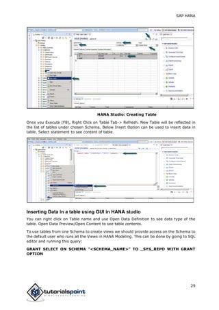 SAP HANA
29
HANA Studio: Creating Table
Once you Execute (F8), Right Click on Table Tab-> Refresh. New Table will be reflected in
the list of tables under chosen Schema. Below Insert Option can be used to insert data in
table. Select statement to see content of table.
Inserting Data in a table using GUI in HANA studio
You can right click on Table name and use Open Data Definition to see data type of the
table. Open Data Preview/Open Content to see table contents.
To use tables from one Schema to create views we should provide access on the Schema to
the default user who runs all the Views in HANA Modeling. This can be done by going to SQL
editor and running this query:
GRANT SELECT ON SCHEMA "<SCHEMA_NAME>" TO _SYS_REPO WITH GRANT
OPTION
 