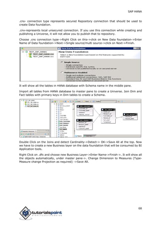 SAP HANA
68
.cns- connection type represents secured Repository connection that should be used to
create Data foundation.
.cnx-represents local unsecured connection. If you use this connection while creating and
publishing a Universe, it will not allow you to publish that to repository.
Choose .cns connection type->Right Click on this->click on New Data foundation->Enter
Name of Data foundation->Next->Single source/multi source->click on Next->Finish.
It will show all the tables in HANA database with Schema name in the middle pane.
Import all tables from HANA database to master pane to create a Universe. Join Dim and
Fact tables with primary keys in Dim tables to create a Schema.
Double Click on the Joins and detect Cardinality->Detect-> OK->Save All at the top. Now
we have to create a new Business layer on the data foundation that will be consumed by BI
Application tools.
Right Click on .dfx and choose new Business Layer->Enter Name->Finish->. It will show all
the objects automatically, under master pane->. Change Dimension to Measures (Type-
Measure change Projection as required) ->Save All.
 