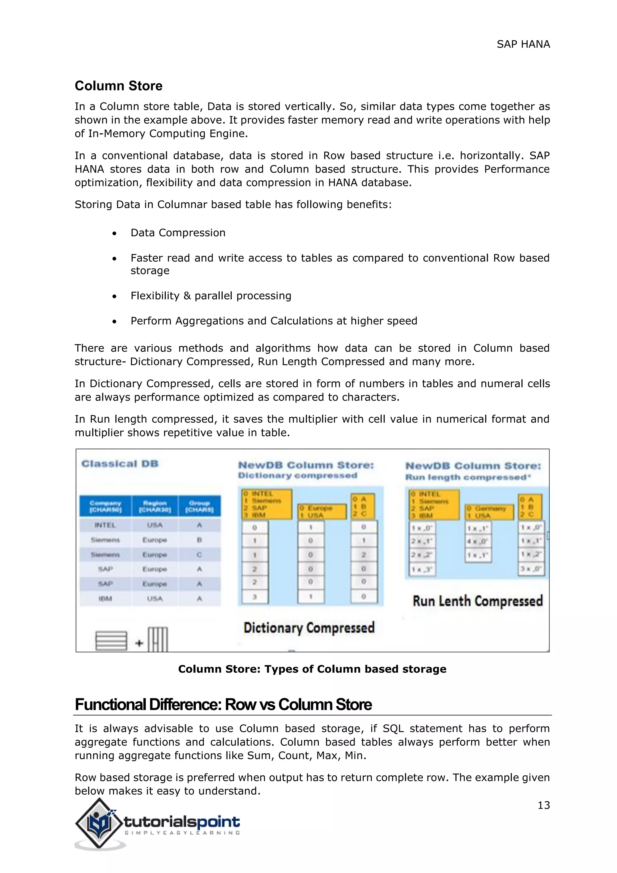 SAP HANA
13
Column Store
In a Column store table, Data is stored vertically. So, similar data types come together as
shown in the example above. It provides faster memory read and write operations with help
of In-Memory Computing Engine.
In a conventional database, data is stored in Row based structure i.e. horizontally. SAP
HANA stores data in both row and Column based structure. This provides Performance
optimization, flexibility and data compression in HANA database.
Storing Data in Columnar based table has following benefits:
 Data Compression
 Faster read and write access to tables as compared to conventional Row based
storage
 Flexibility & parallel processing
 Perform Aggregations and Calculations at higher speed
There are various methods and algorithms how data can be stored in Column based
structure- Dictionary Compressed, Run Length Compressed and many more.
In Dictionary Compressed, cells are stored in form of numbers in tables and numeral cells
are always performance optimized as compared to characters.
In Run length compressed, it saves the multiplier with cell value in numerical format and
multiplier shows repetitive value in table.
Column Store: Types of Column based storage
FunctionalDifference:RowvsColumnStore
It is always advisable to use Column based storage, if SQL statement has to perform
aggregate functions and calculations. Column based tables always perform better when
running aggregate functions like Sum, Count, Max, Min.
Row based storage is preferred when output has to return complete row. The example given
below makes it easy to understand.
 