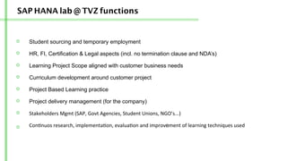 SAP HANA lab @ TVZ functions
Student sourcing and temporary employment
HR, FI, Certification  Legal aspects (incl. no termination clause and NDA’s)
Learning Project Scope aligned with customer business needs
Curriculum development around customer project
Project Based Learning practice
Stakeholders	
  Mgmt	
  (SAP,	
  Govt	
  Agencies,	
  Student	
  Unions,	
  NGO’s...)	
  
Project delivery management (for the company)
Con/nuos	
  research,	
  implementa/on,	
  evalua/on	
  and	
  improvement	
  of	
  learning	
  techniques	
  used	
  
 