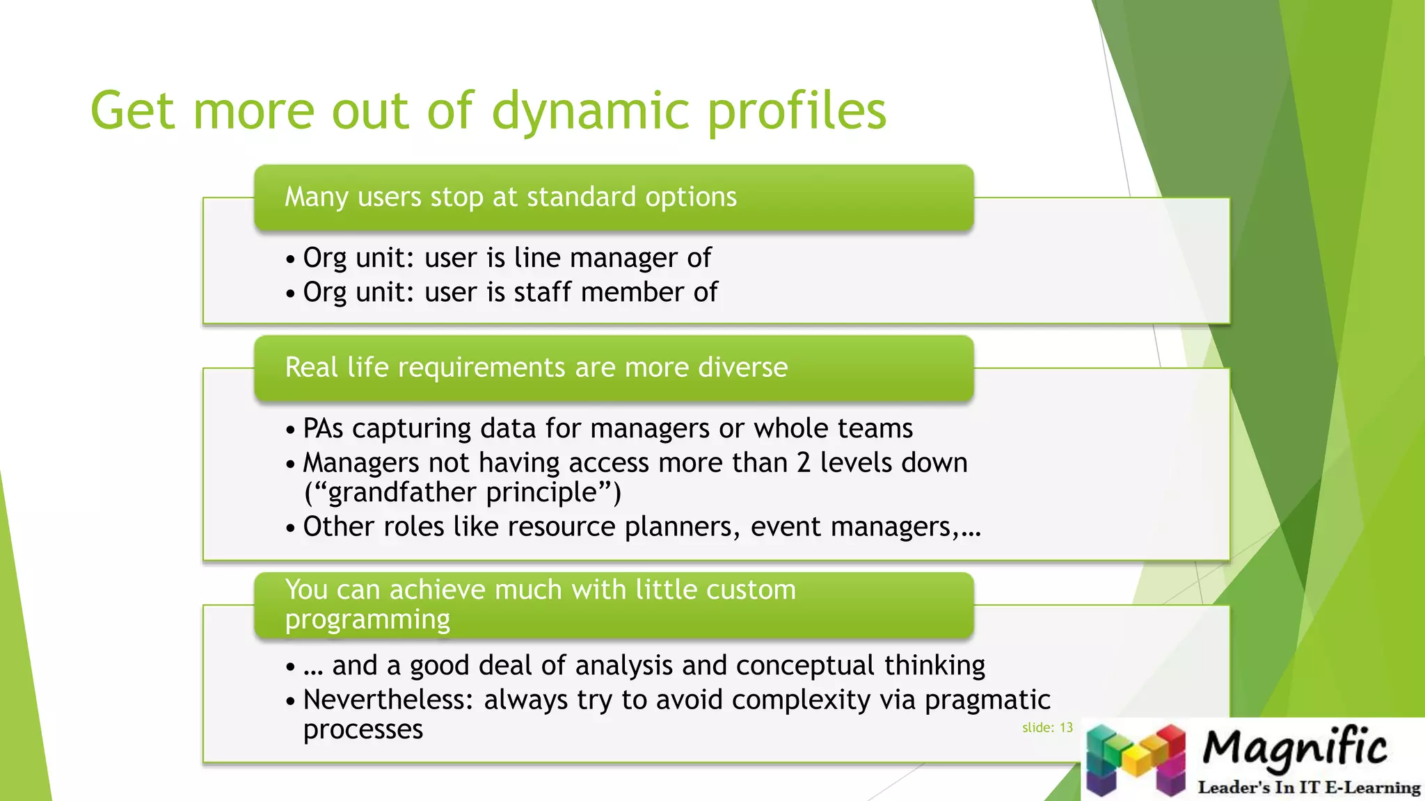 Get more out of dynamic profiles
• Org unit: user is line manager of
• Org unit: user is staff member of
Many users stop at standard options
• PAs capturing data for managers or whole teams
• Managers not having access more than 2 levels down
(“grandfather principle”)
• Other roles like resource planners, event managers,…
Real life requirements are more diverse
• … and a good deal of analysis and conceptual thinking
• Nevertheless: always try to avoid complexity via pragmatic
processes
You can achieve much with little custom
programming
slide: 13
 