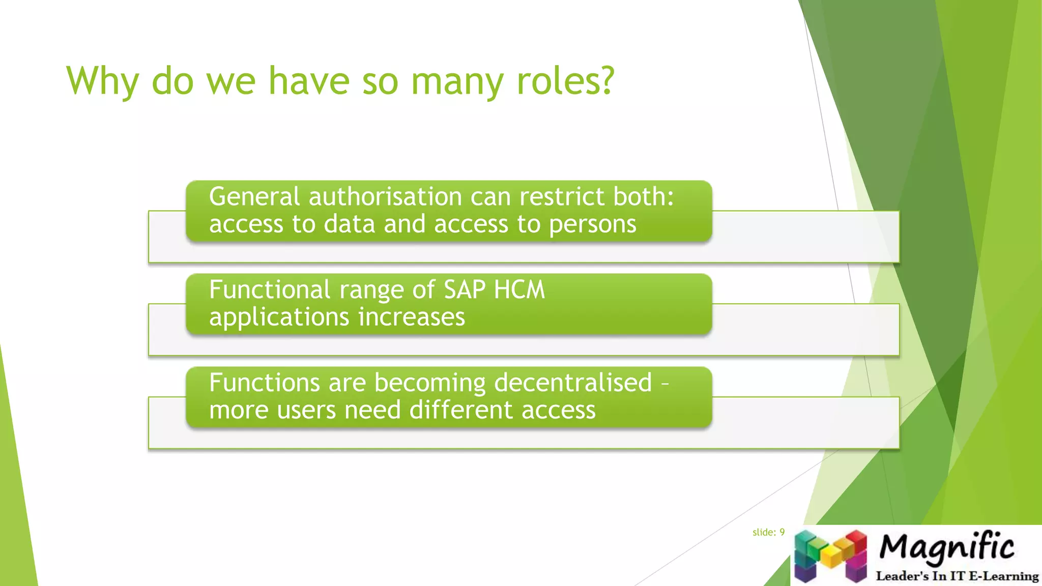 Why do we have so many roles?
slide: 9
General authorisation can restrict both:
access to data and access to persons
Functional range of SAP HCM
applications increases
Functions are becoming decentralised –
more users need different access
 